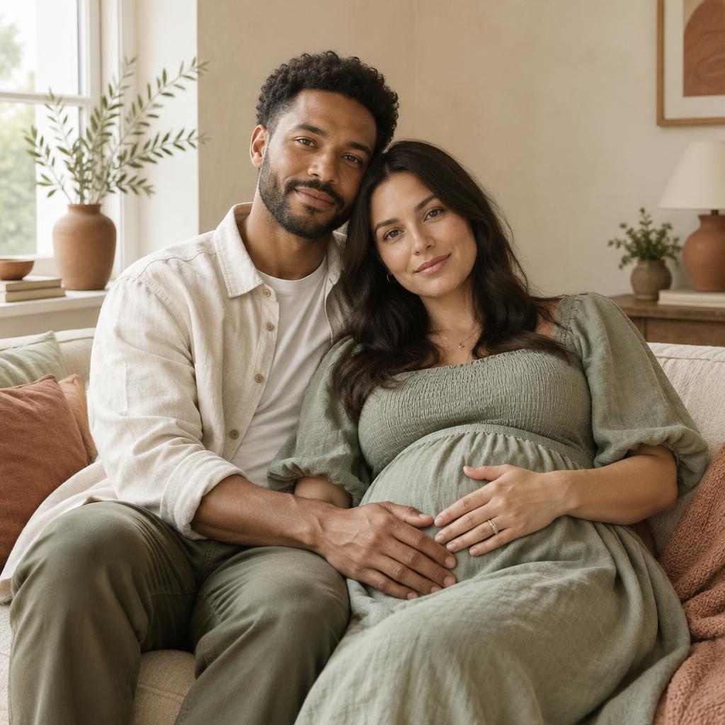 Expectant parents sitting together at home